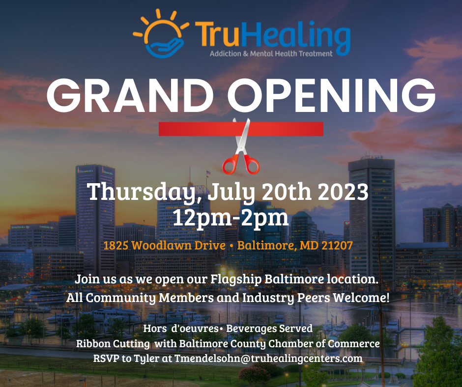 Social media post for Grand Opening TruHealing Baltimore July 20th Facebook Post Landscape