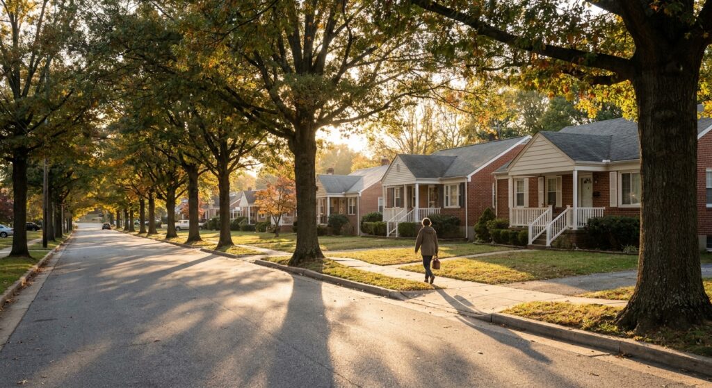 A Conversation About Shame and Self-Compassion With Neuroscientist Marc Lewis Person walking home on a tree-lined residential street in Owings Mills, Maryland during golden hour, representing the PHP treatment model where patients return home each evening