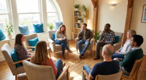 Form Successfully Submitted Group therapy session in a bright, welcoming treatment room with participants sitting in a supportive circle