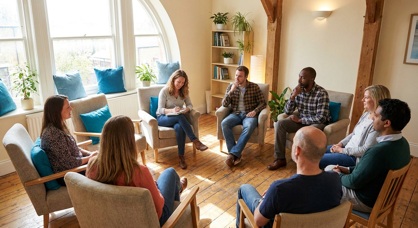 Group therapy session in a bright, welcoming treatment room with participants sitting in a supportive circle