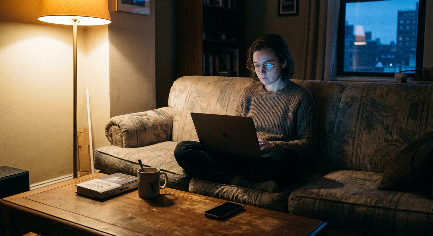 A young adult sits cross-legged on a couch at dusk in a softly lit living room, a laptop glowing beside them, a cooling mug of tea on the table, gazing thoughtfully toward a window.