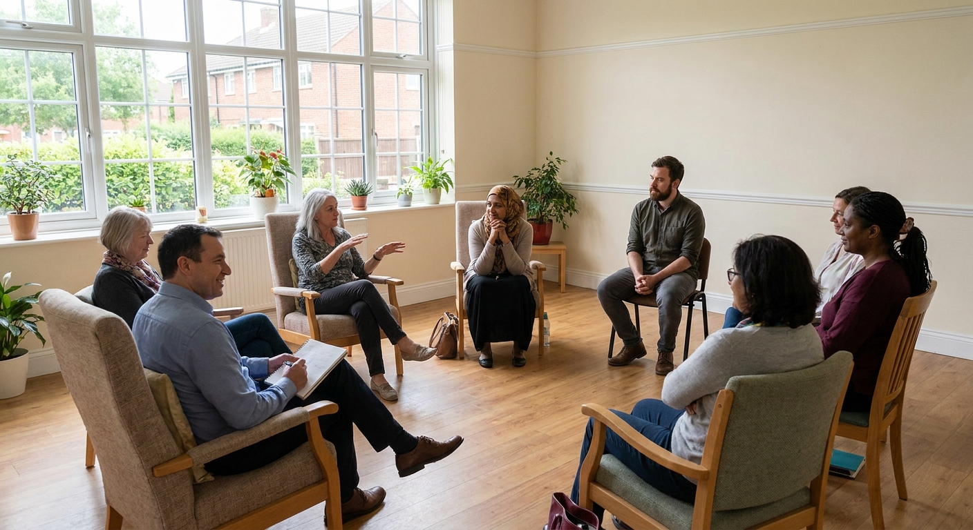 Group therapy session in progress at an intensive outpatient treatment center, with participants seated in a circle in a bright, naturally-lit clinical room
