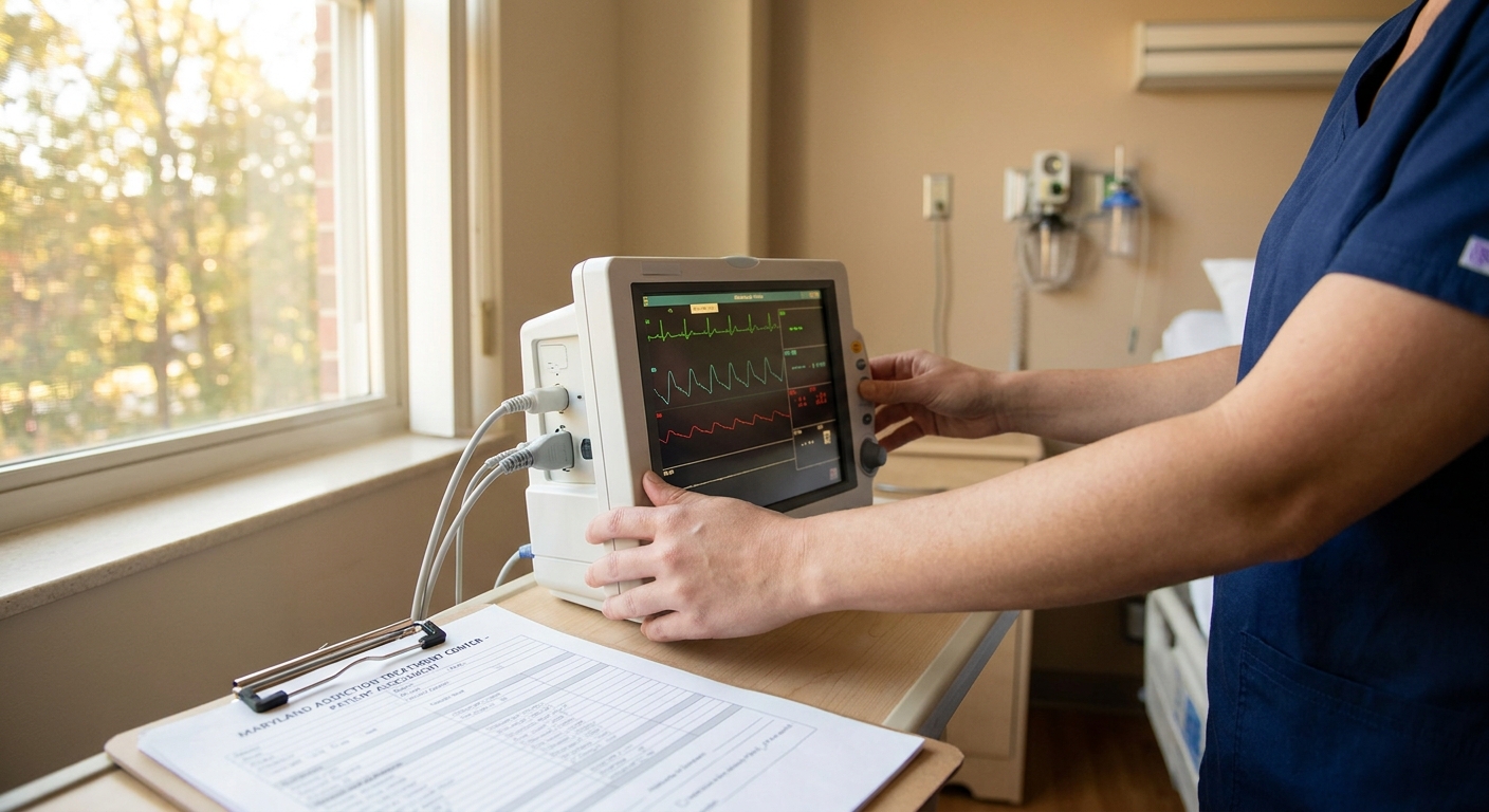 Nurse checking vital signs monitor in medical detox room with natural window light