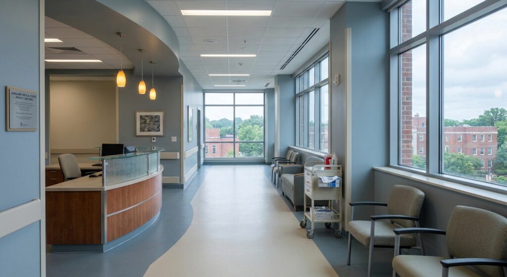 What's the Difference Between a Detox and a Recovery Center? Clean, calming medical facility hallway with natural light and nursing station at TruHealing Centers detox facility