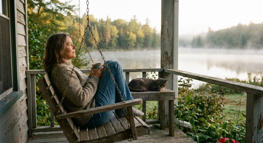 Six Reflections for Six Years Sober Person sitting peacefully with coffee, looking out at calm morning view from porch, in contemplative moment of serenity