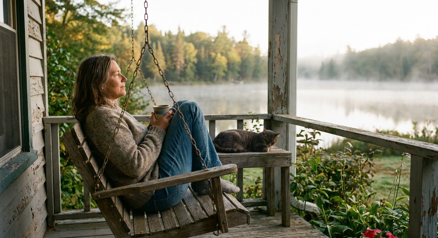 Person sitting peacefully with coffee, looking out at calm morning view from porch, in contemplative moment of serenity