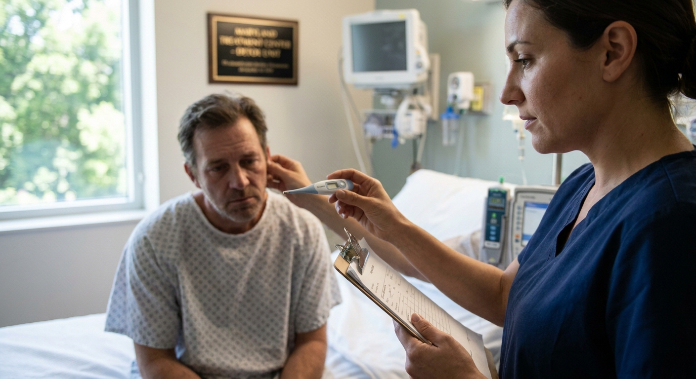 Nurse monitoring vital signs of patient during medical detox at TruHealing Centers treatment facility