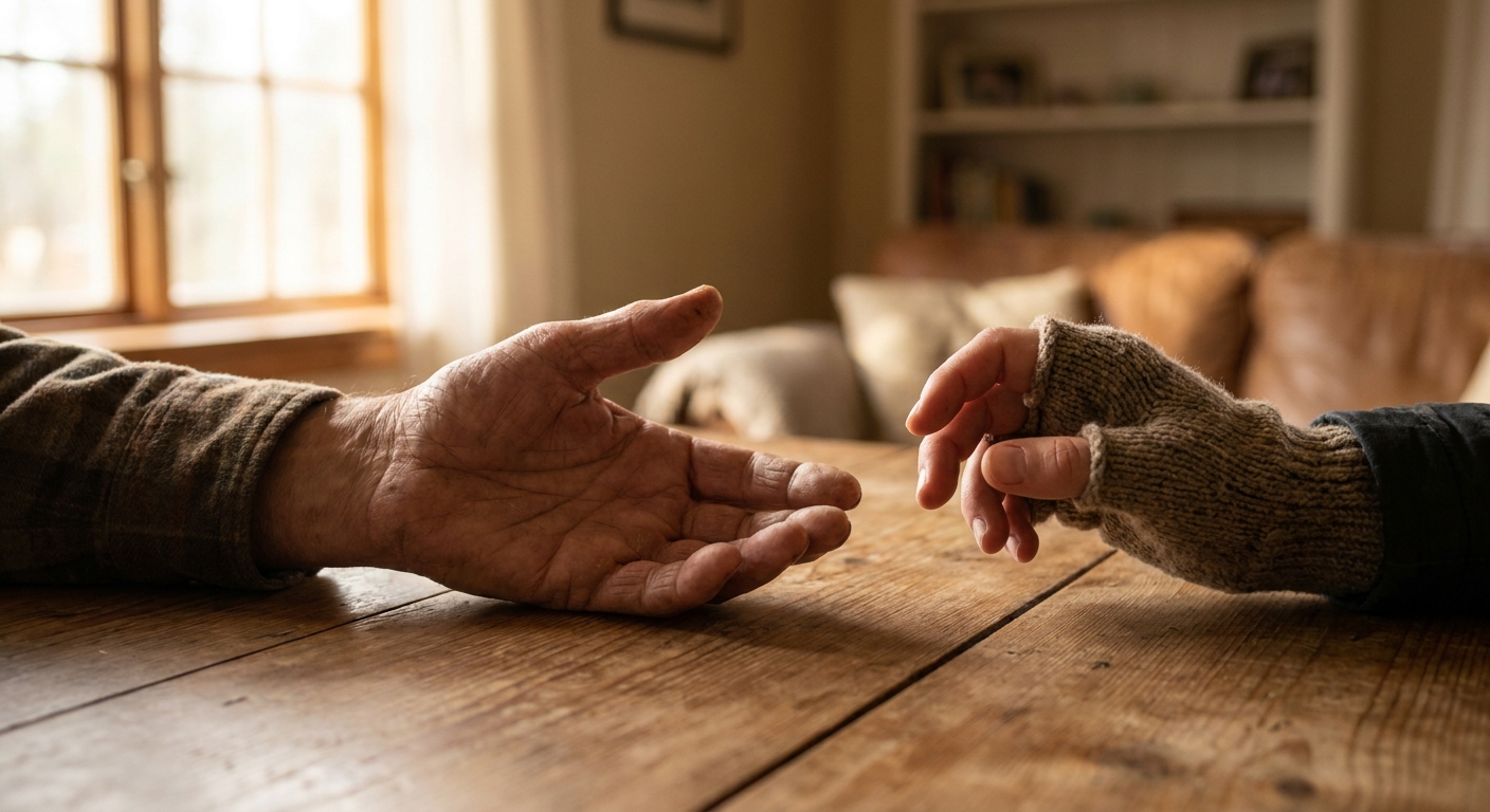 Two hands reaching toward each other across a table in natural light, symbolizing support and connection in addiction recovery